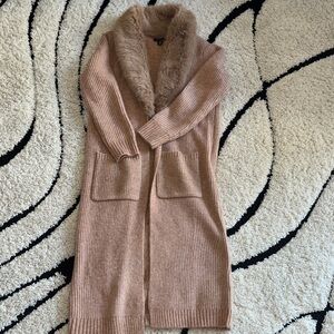 Saks Fifth Avenue Tan Long Cardigan with Faux Fur Collar